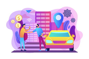 businessman with smartphone rents car street via carsharing service carsharing service short periods rent best taxi alternative concept bright vibrant violet isolated illustration 19