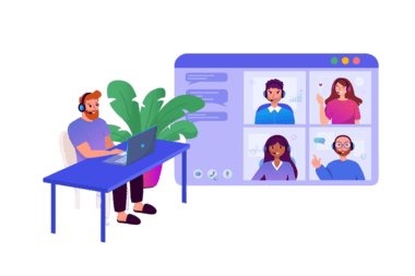 man home office uses laptop collective virtual team building group video conference 19